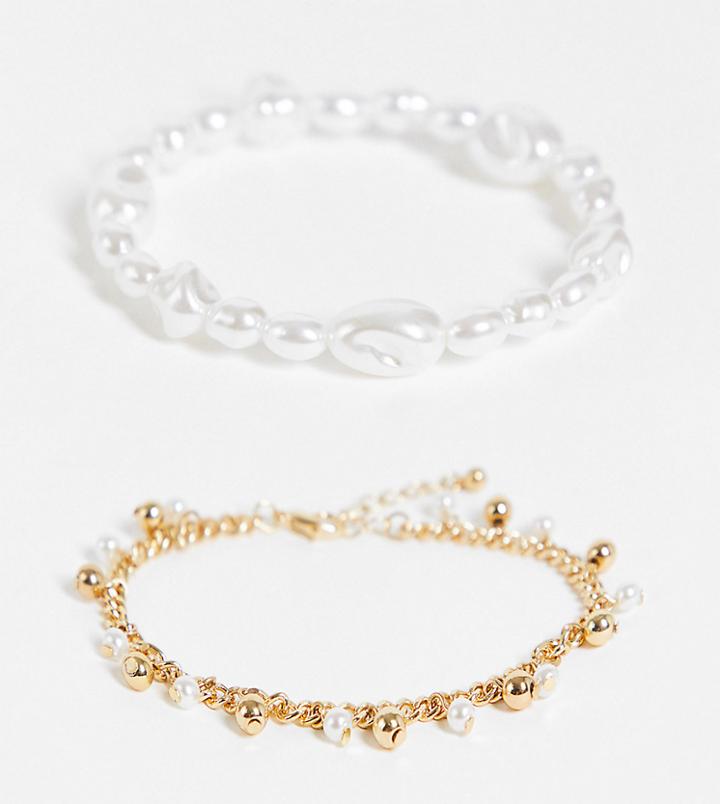 Asos Design Curve Pack Of 2 Bracelets In Pearl And Curb Chain In Gold Tone