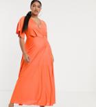 Asos Design Curve Twist Detail Pleated Kimono Maxi Dress-orange