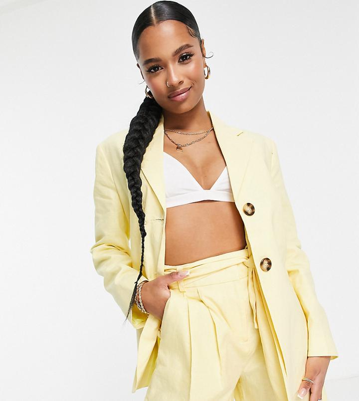 Asos Design Petite Linen Slim Straight Suit Blazer In Yellow