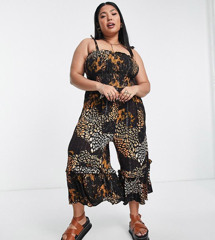 River Island Plus Animal Print Culotte Jumpsuit In Brown