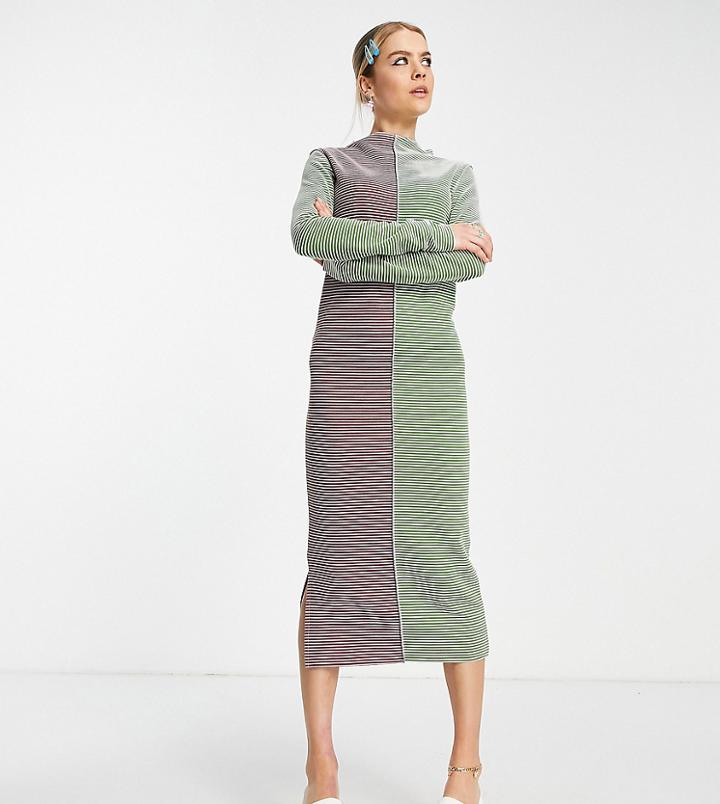 Collusion Stripe Spliced Long Sleeve Midi Dress In Multi