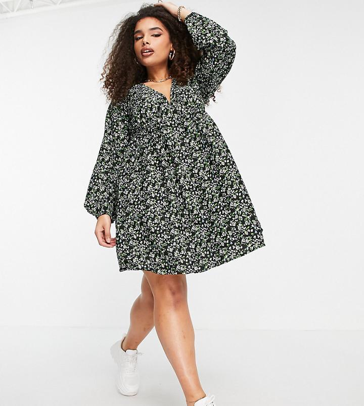 Yours V-neck Mini Dress In Blue Floral-blues