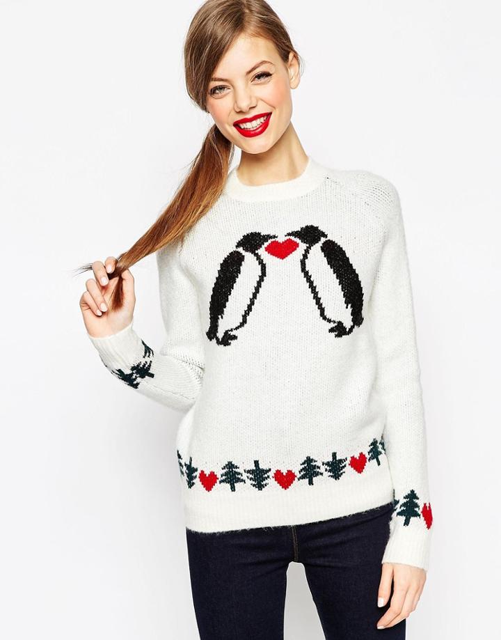 Asos Holidays Sweater With Love Penguins In Aid Of Asos Foundation - Cream
