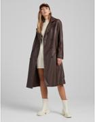 Bershka Faux Leather Trench Coat In Chocolate Brown