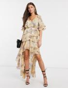 Asos Design Tiered Ruffle Maxi Dress In Floral Print With Satin And Rope Trim Inserts-neutral