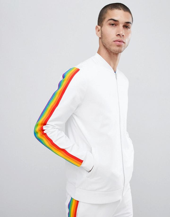 Asos Design Retro Bomber Jacket With Rainbow Stripe - White