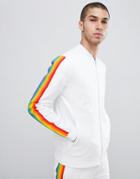 Asos Design Retro Bomber Jacket With Rainbow Stripe - White