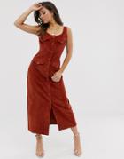 Asos Design Cord Midi Dress In Conker - Brown