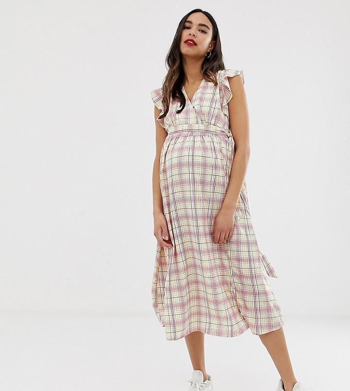 Glamorous Bloom Midi Dress With Ruffle Shoulders In Grid Check-white