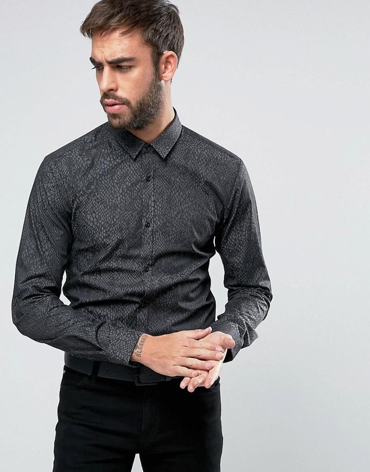 Hugo By Hugo Boss Ero 3 Snakeskin Print Shirt Slim Fit - Black