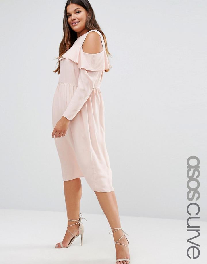 Asos Curve Ruffle Front Cold Shoulder Dress - Pink
