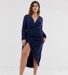 John Zack Plus Plunge Front Asymmetric Maxi Dress In Navy-blue