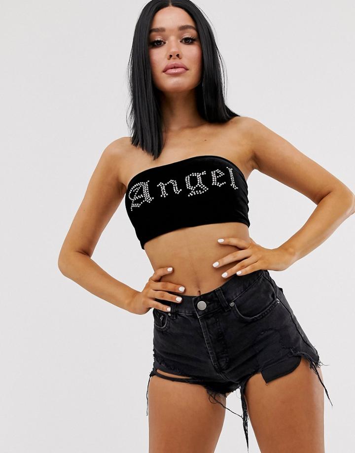 Motel Velvet Bandeau With Rhinestone Angel - Black