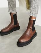 Asos Design High Chelsea Calf Boots On Chunky Sole In Brown Leather