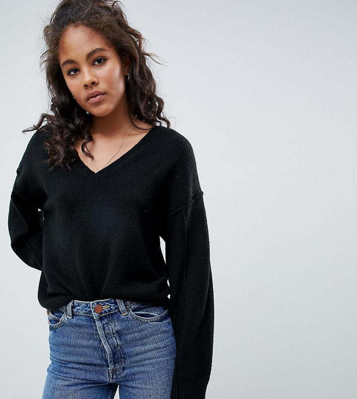Asos Design Tall Fluffy Sweater With V Neck-black