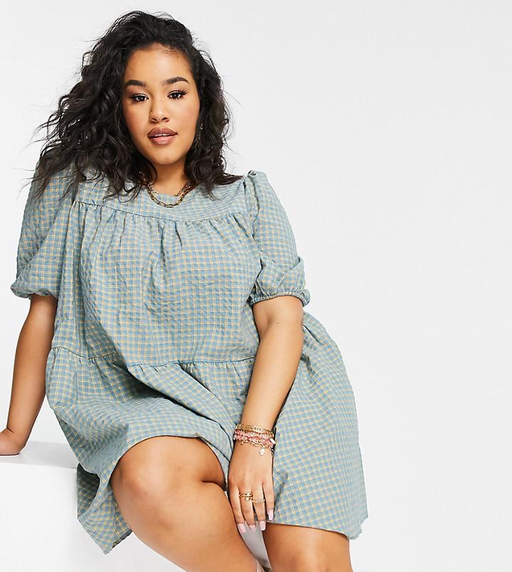 In The Style Plus X Olivia Bowen Puff Sleeve Tiered Smock Dress In Green Check Print