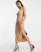 Asos Design Cable Knit Cut Out One Sleeve Midi Dress In Camel-neutral