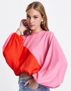 Asos Design Oversized Color Block Top With Long Sleeve In Pink & Red