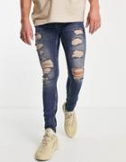 Topman Extreme Rip Spray On Jeans In Mid Wash-blues