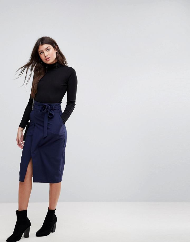 Asos Tailored Pencil Skirt With Obi Tie - Navy