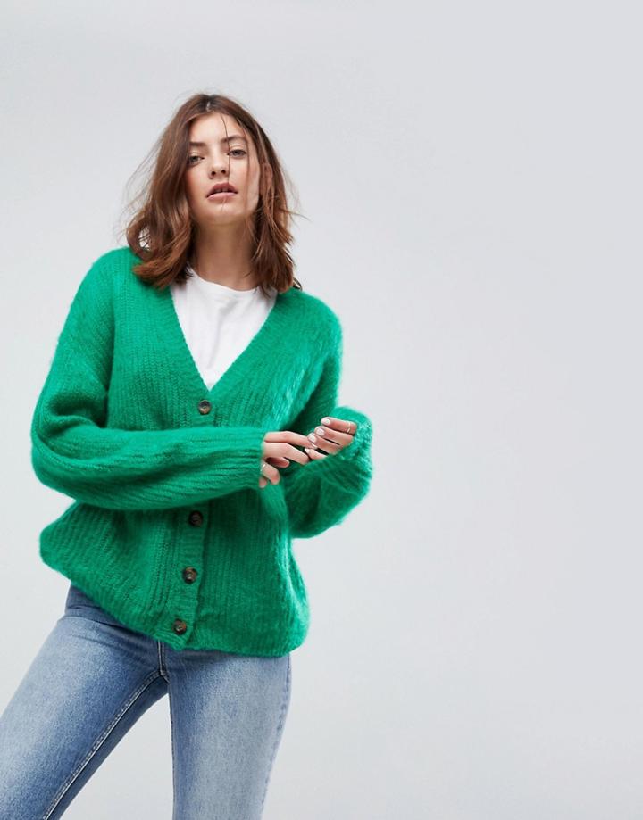 Asos Knitted Cardigan In Brushed Yarn - Green