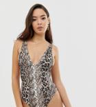 Missguided Plunge Swimsuit In Snake Print - Gold