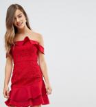 Jarlo Petite Off Shoulder Mini Dress With Layered Skirt Detail - Red