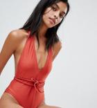 South Beach Exclusive Plunge High Shine Belted Swimsuit-orange