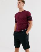 Asos Design Lounge Pyjama Short And Tshirt Set With Stripe And Branded Waistband In Burgundy-red
