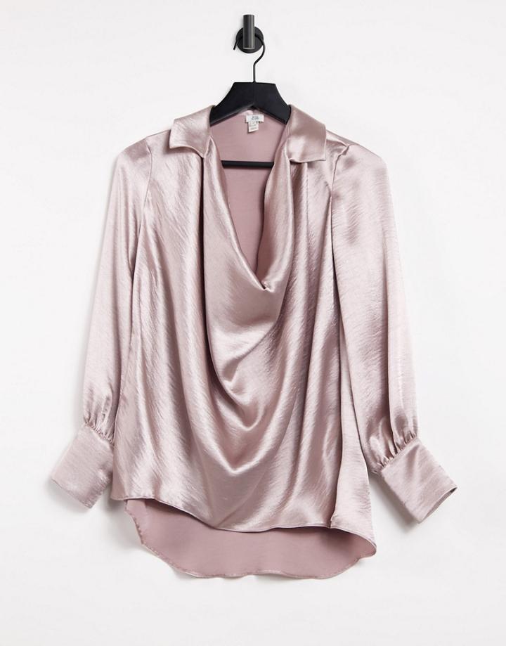 River Island Satin Cowl Shirt In Cream-white