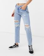 Bershka Slim Jeans With Distressed Hem In Light Blue-blues