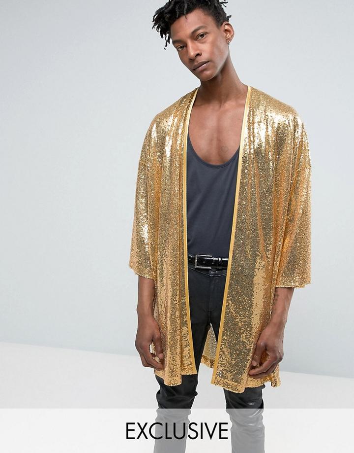 Reclaimed Vintage Inspired Kimono In Gold Sequin In Reg Fit - Gold