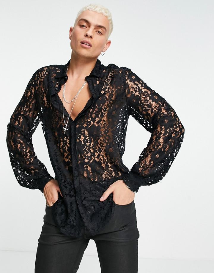 Asos Design Lace Shirt With Blouson Sleeve-black