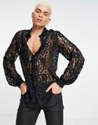 Asos Design Lace Shirt With Blouson Sleeve-black