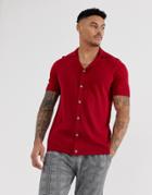 Asos Design Knitted Button Through Revere Polo In Red - Red