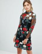 New Look Floral Embroidered Tunic Dress - Black