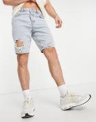 Asos Design Slim Denim Shorts With Rips In Light Wash Blue