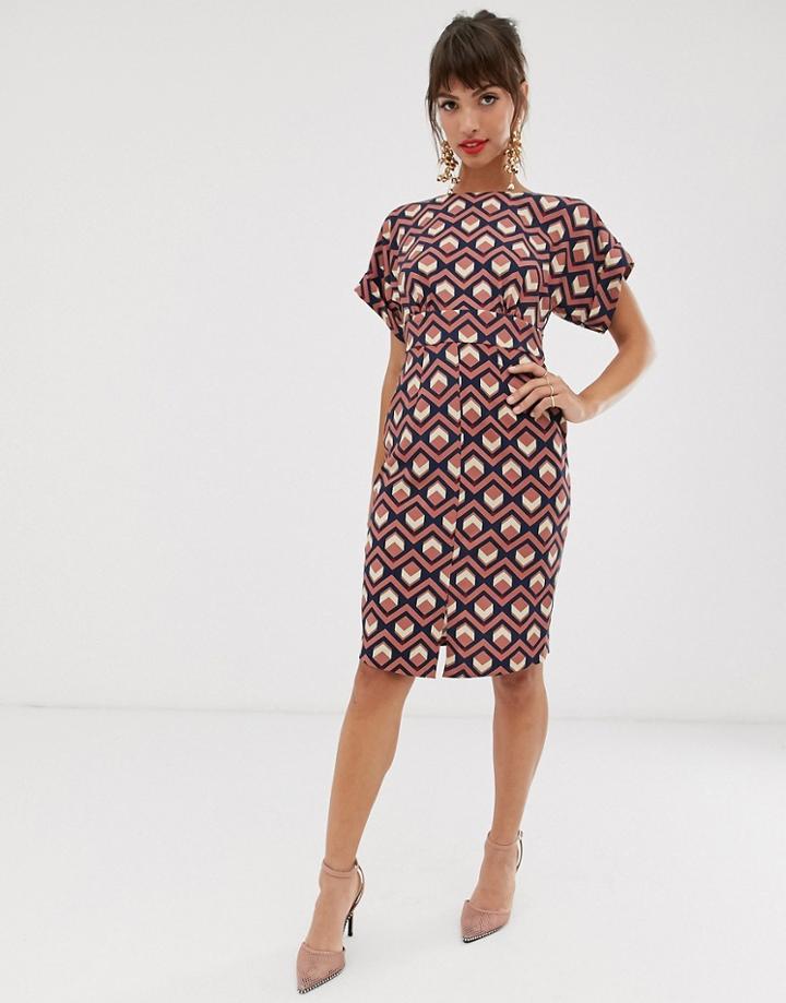 Closet London Knee Length Wiggle Dress In Tile Print - Multi