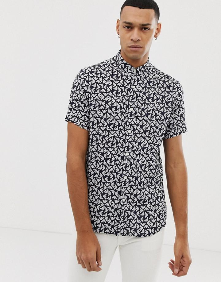 Emporio Armani Slim Fit All Over Logo Short Sleeve Shirt In Navy - White