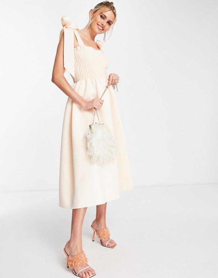 Asos Design Shirred Bunny Tie Prom Midi Dress In Cream-neutral