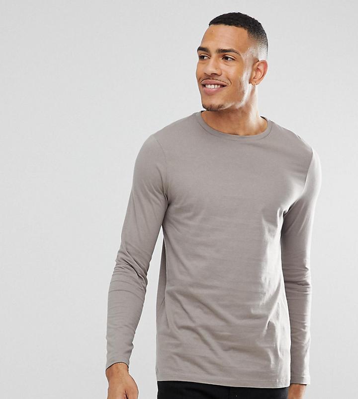 Asos Design Tall Long Sleeve T-shirt With Crew Neck In Beige - Gray