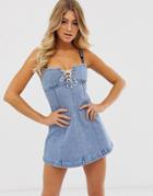 Miss Sixty Denim Mini Dress With Logo Strap Detail - Blue