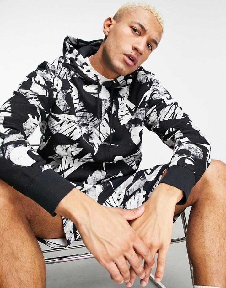 Nike Club Fleece All Over Logo Print Hoodie In Black