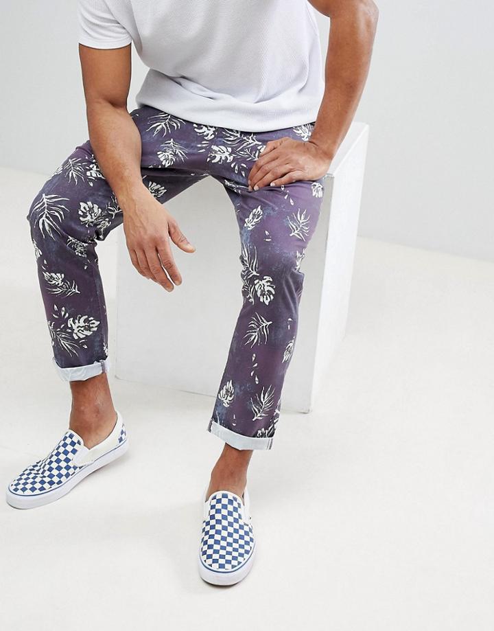 Asos Slim Cropped Pants In Vintage Washed Out Leaf Print - Navy