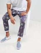 Asos Slim Cropped Pants In Vintage Washed Out Leaf Print - Navy