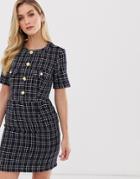 Unqiue21 Tweed Dress With Gold Buttons-navy