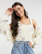 Y.a.s Knitted Top Twinset With Lilac Floral Embroidery In Cream-white