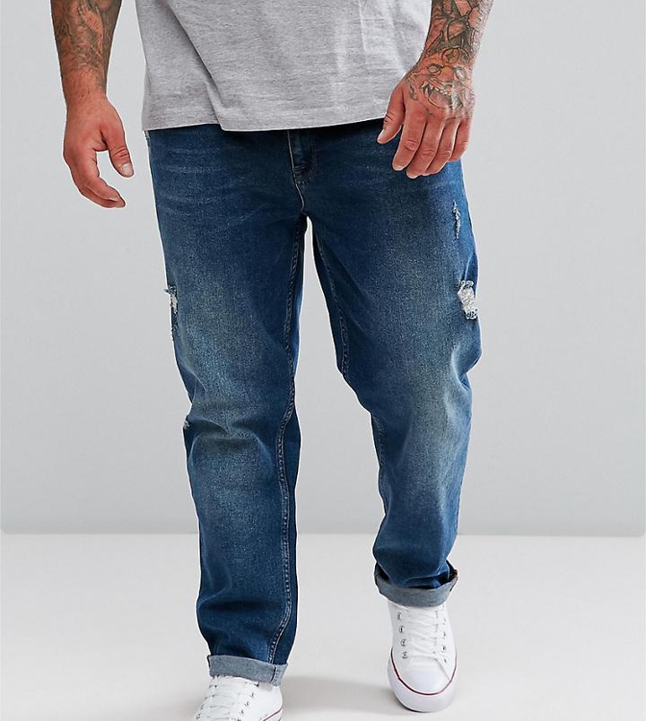 Asos Plus Stretch Slim Jeans In Dark Wash Vintage With Abrasions - Blue