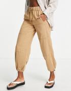 Topshop Highwaisted Soft Cotton Drawstring Cuffed Pants In Tan-brown