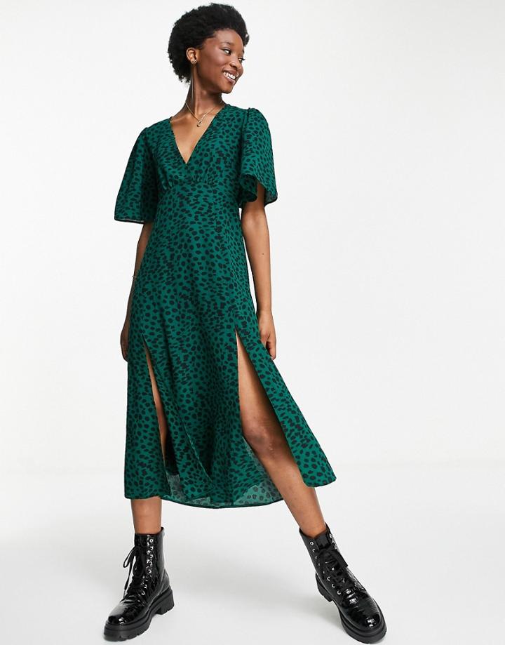 Asos Design Angel Sleeve Midi Dress In Green Animal Print-multi